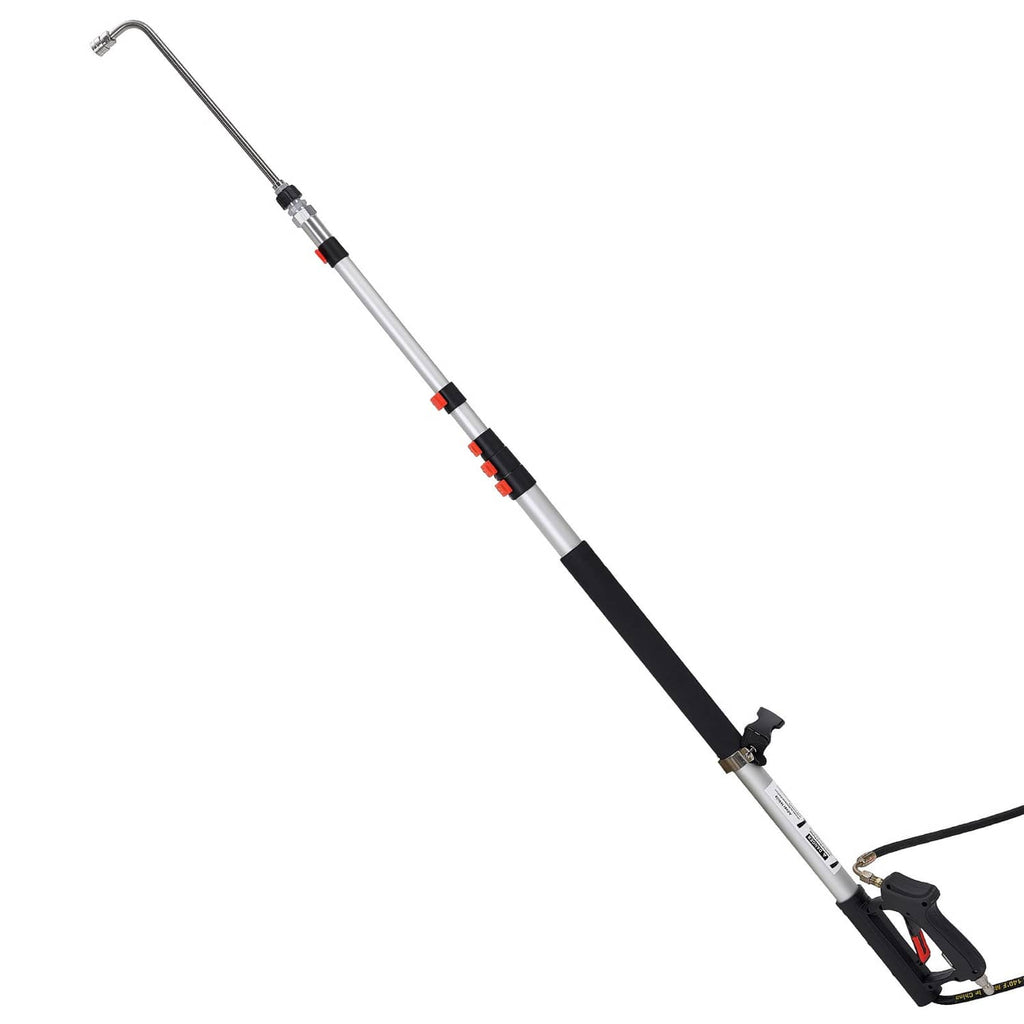 Telescoping pressure washer wand with black grip and red adjustment bands
