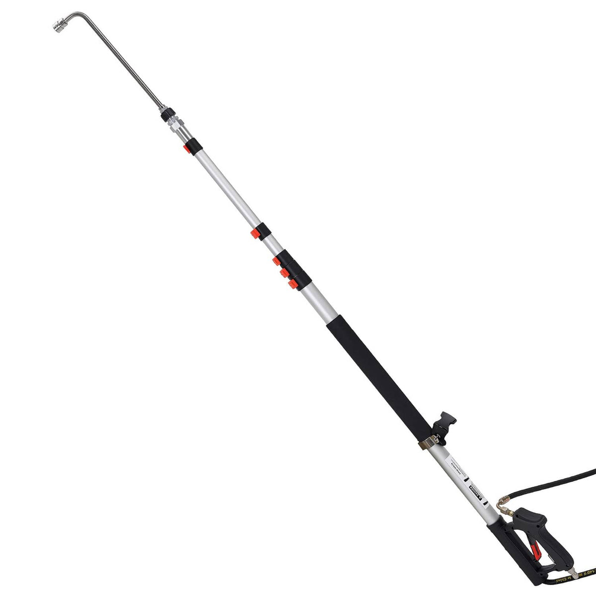 Telescoping pressure washer wand with black grip and red adjustment bands
