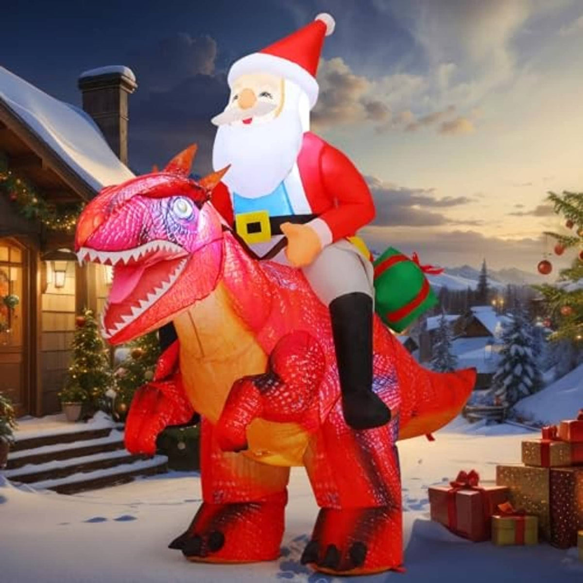 Inflatable Santa riding a red inflatable dinosaur, red suit and white beard, outdoor decoration