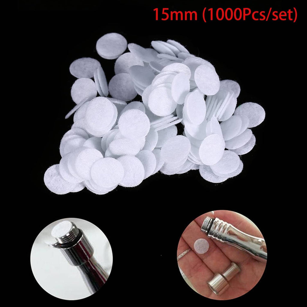 White cotton filter discs, 15mm set shown with connector and hand
