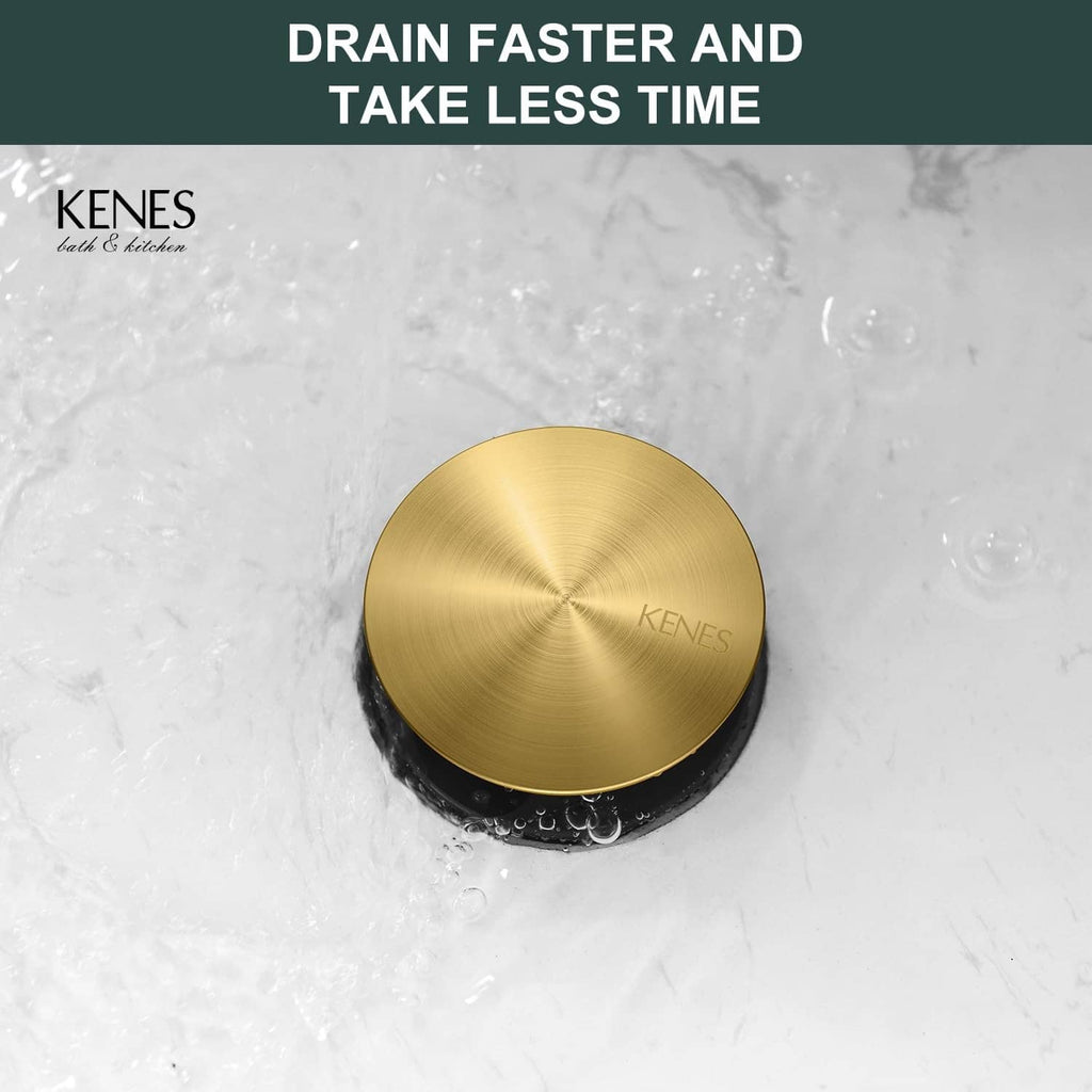 Brushed gold pop-up sink drain cap with water droplets on black base