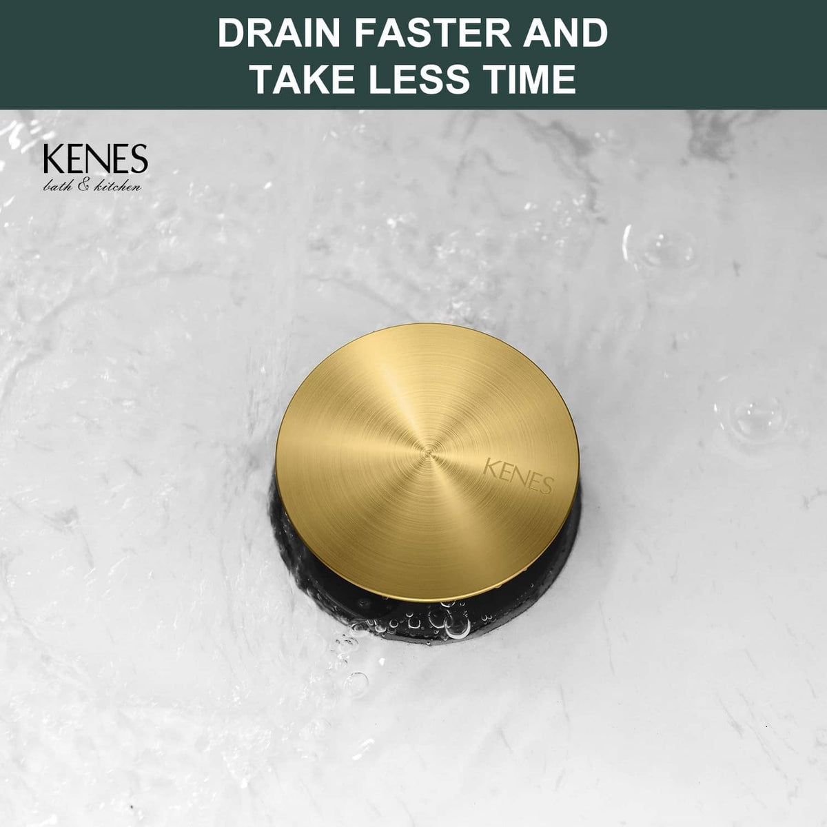 Brushed gold pop-up sink drain cap with water droplets on black base