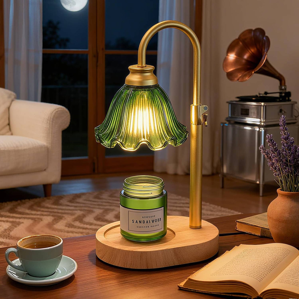 Green flower-style glass candle warmer lamp with brass curved stand and wooden base