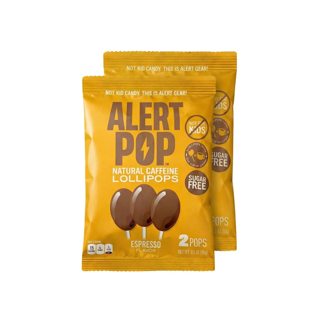 Sugar-free espresso natural caffeine lollipop pouch pack, front view with three lollipops