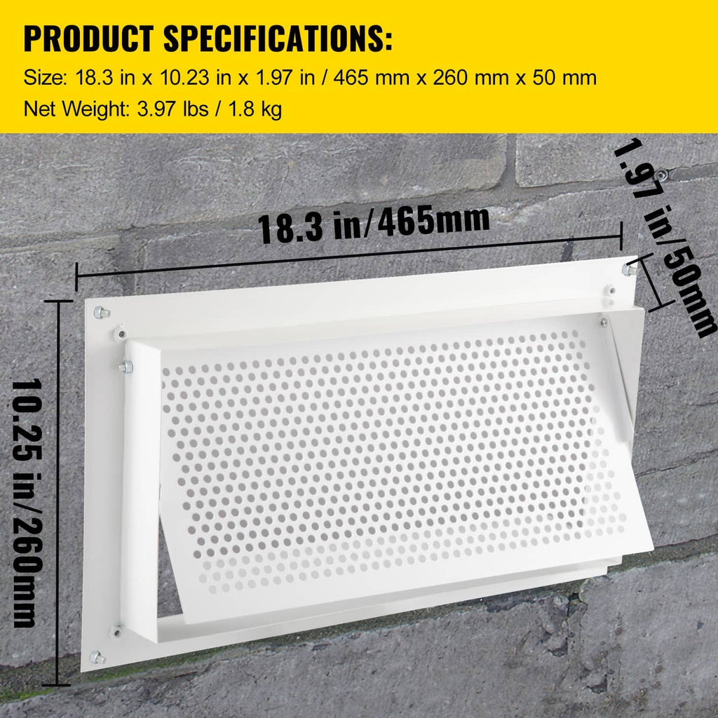 White crawl space flood vent with perforated grille, size markings 18.3 in x 16 in