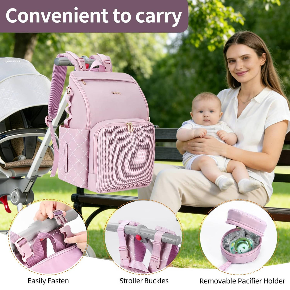 Lavender diaper bag with changing pad, stroller straps, and removable pacifier holder