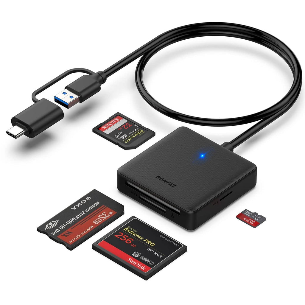 Benfei 4-in-1 card reader with USB 3.0 and USB-C cables, compact black body