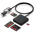 Benfei 4-in-1 card reader with USB 3.0 and USB-C cables, compact black body