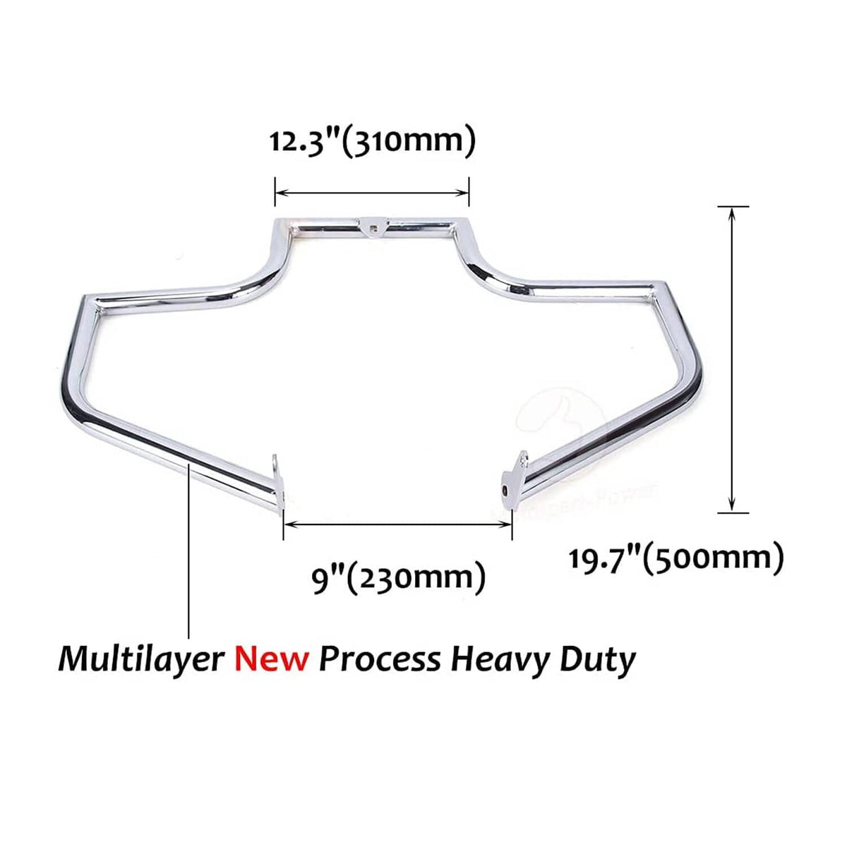 Chrome engine guard crash bar dimensions: 9 in wide, 19.7 in long, 12.3 in high