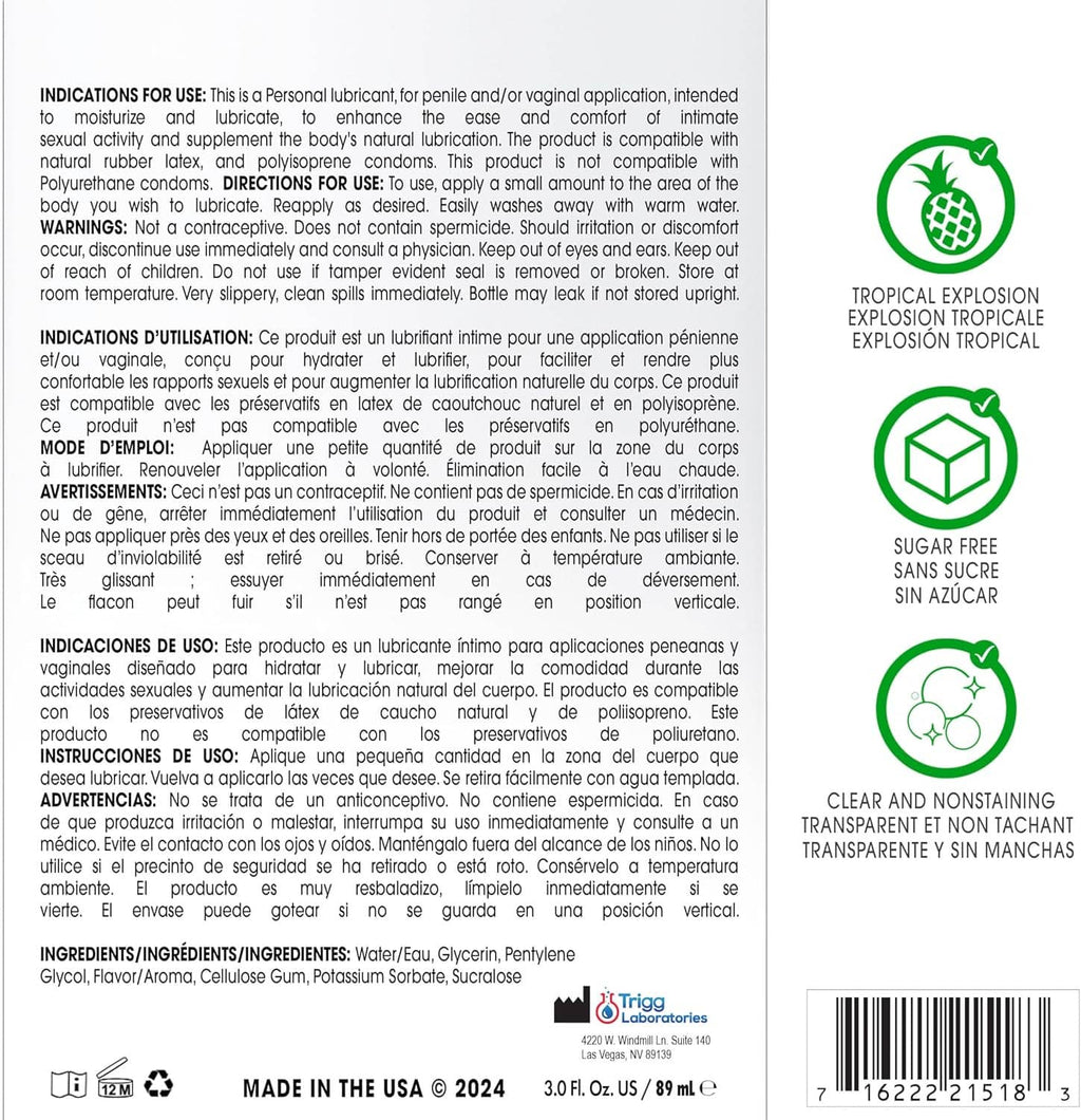 Tropical Explosion flavored lubricant bottle back label with ingredients and warnings