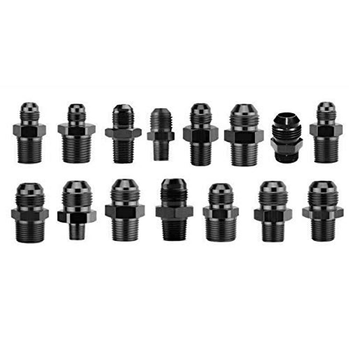 Assorted set of black threaded AN flare to NPT male adapter fittings with hex ends