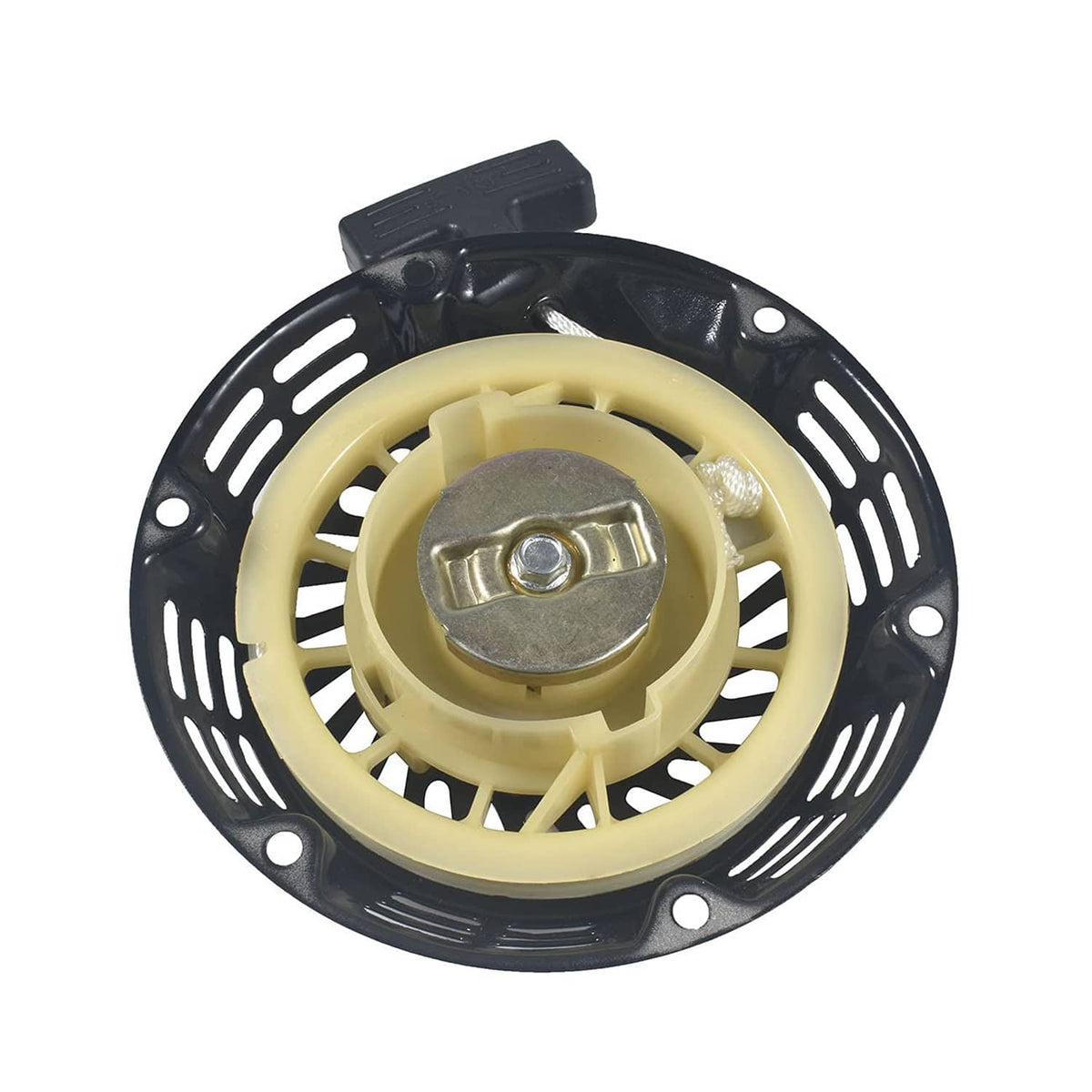 Recoil pull starter assembly, black recoil cover with cream pulley and central starter bolt