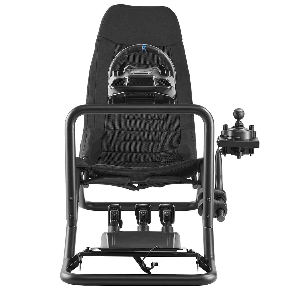Front view of black racing simulator stand with seat, steering wheel mount, and pedals.