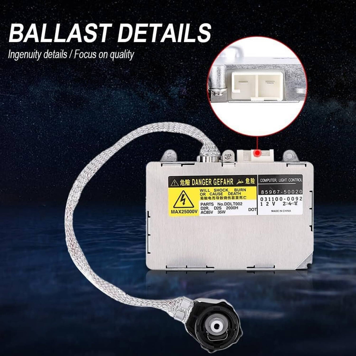 HID xenon ballast control module close-up with wiring and connector detail