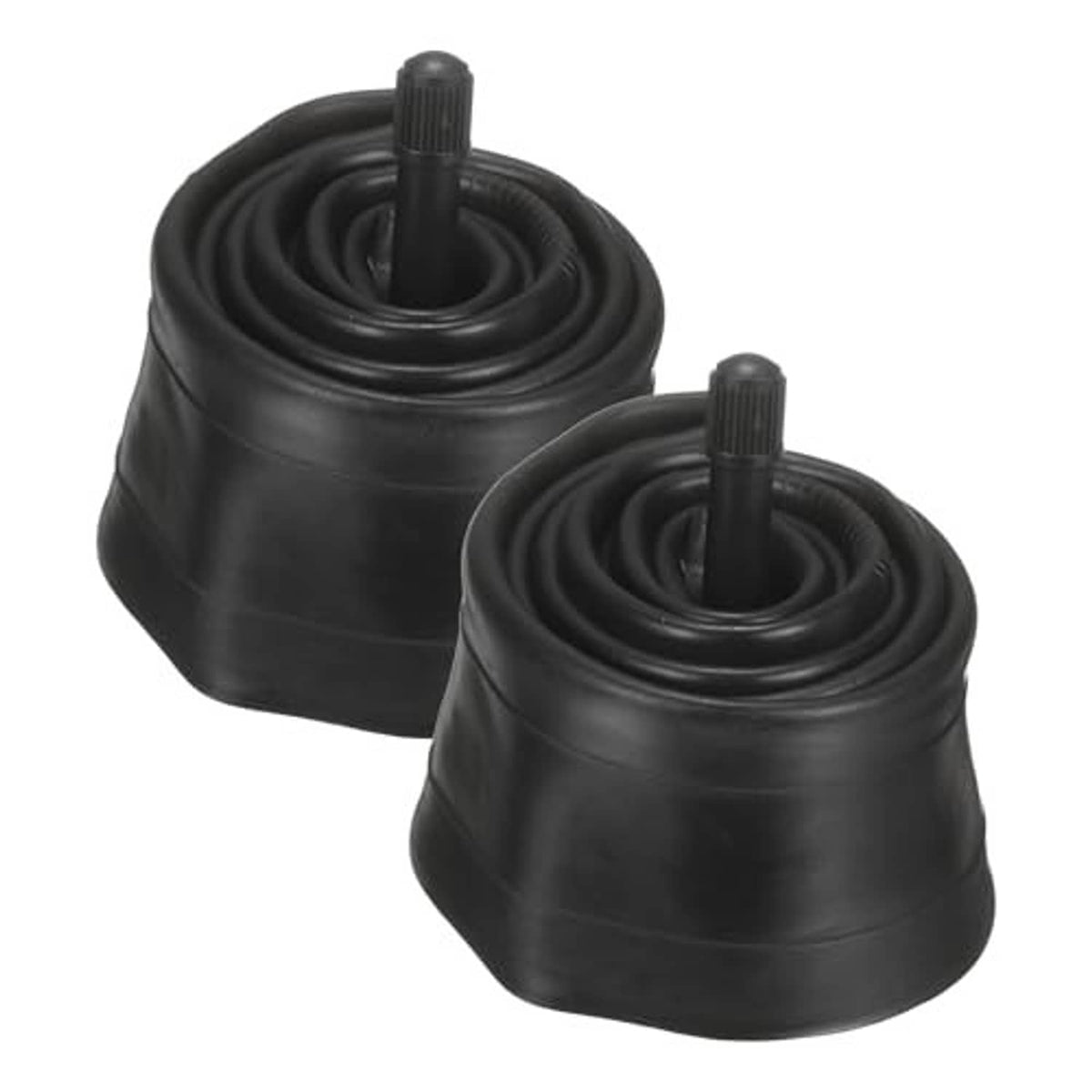 Two black rubber bicycle inner tubes, each coiled with standard valve stem