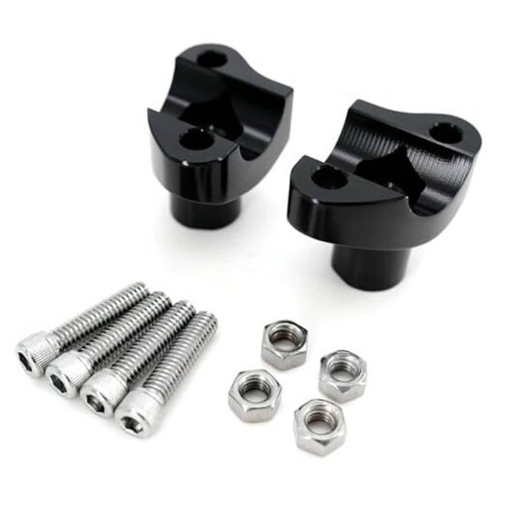 Black CNC handlebar risers set with clamp blocks, bolts, nuts, and washers