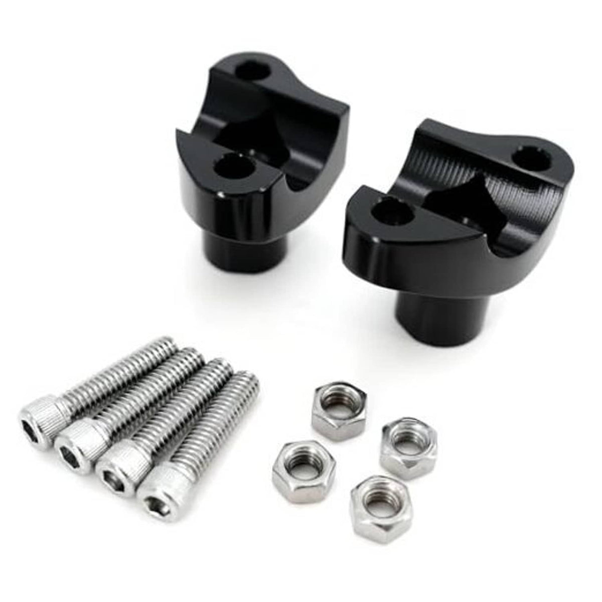 Black CNC handlebar risers set with clamp blocks, bolts, nuts, and washers