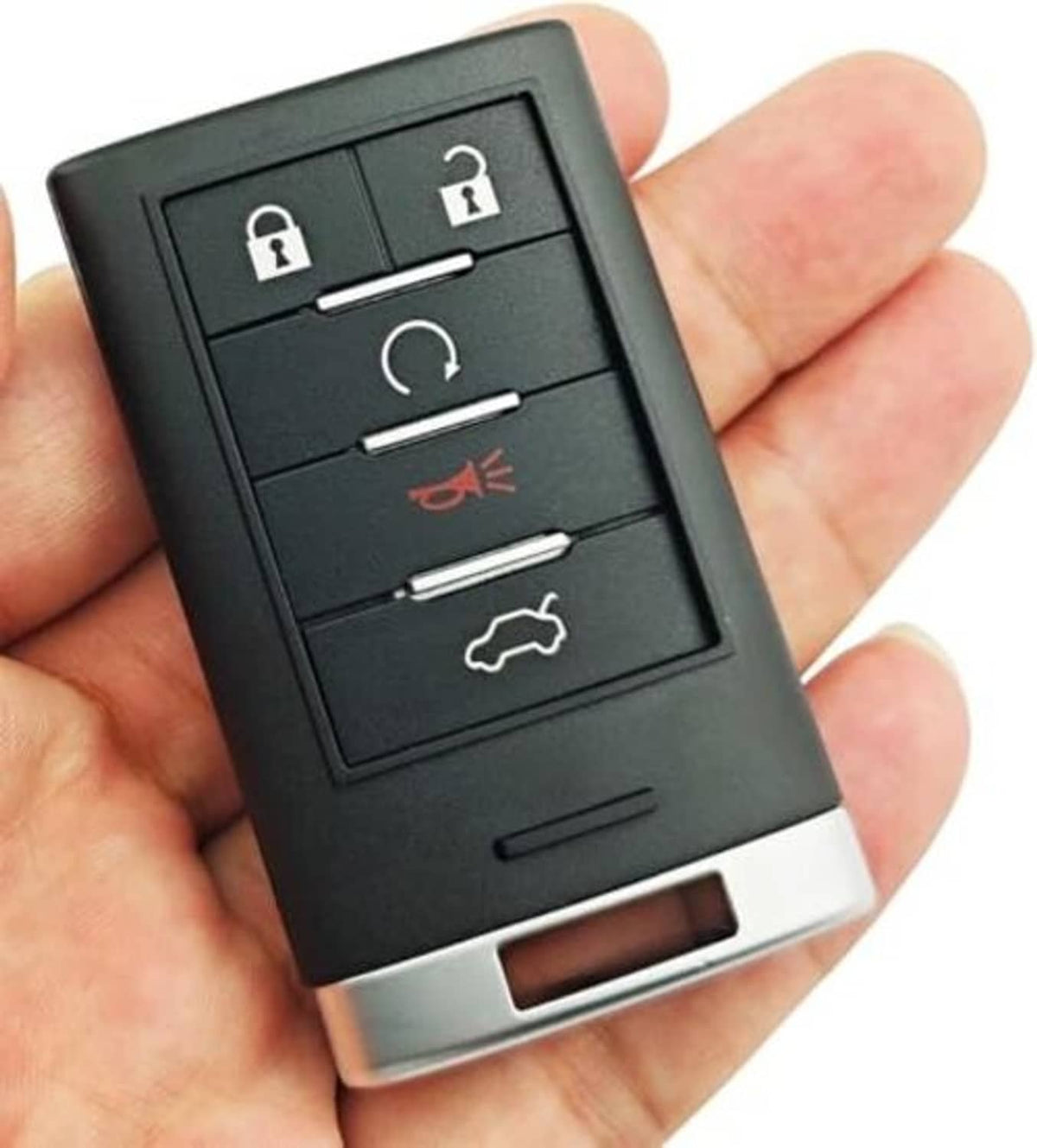 Black key fob cover case close-up in hand with five-button remote face