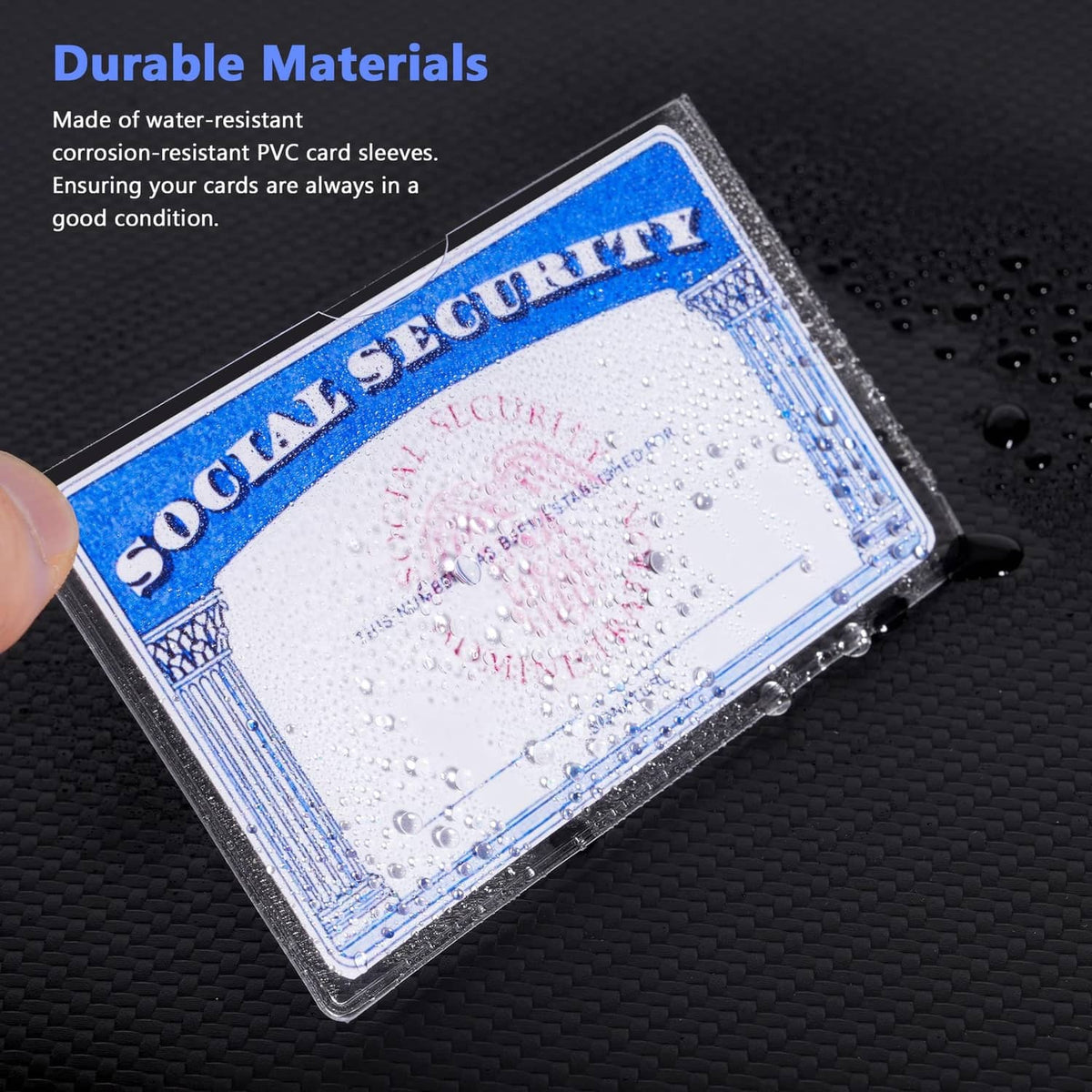 Clear PVC card protector with water droplets on the surface over a card insert