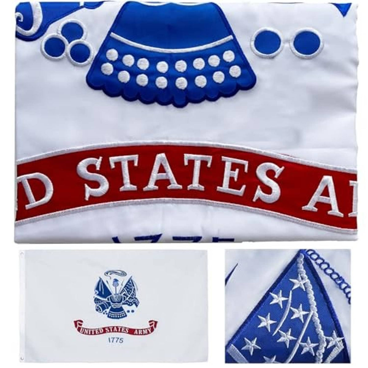 Embroidered US Army flag with white field, blue emblem, and red arched lettering