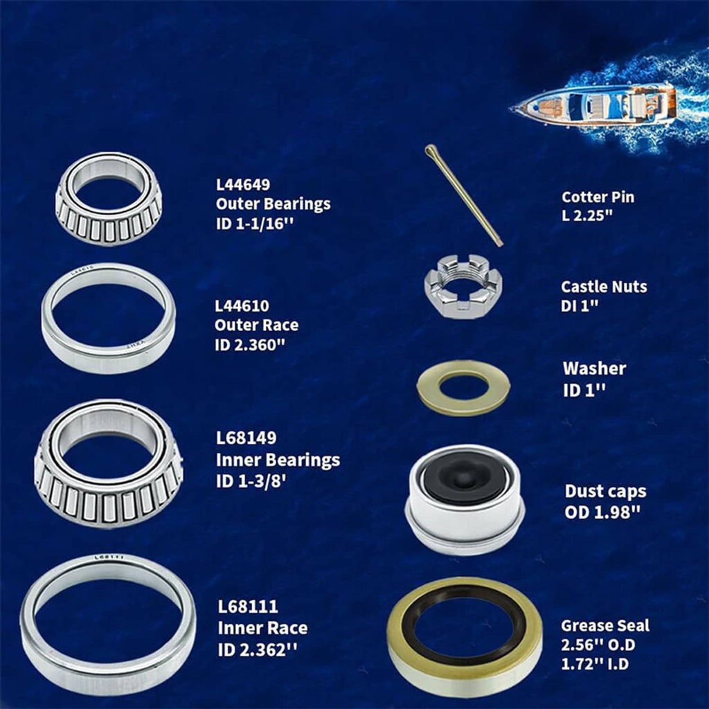 L68149-style inner bearing, outer bearing races, grease seal, and dust cap set