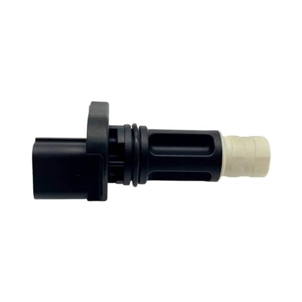 Engine crankshaft position sensor with black housing and white connector, cylindrical end facing left