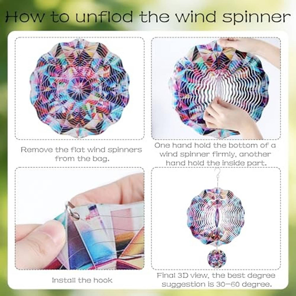 Rainbow wind spinner pinwheel with hanging mini disc, shown as it unfolds