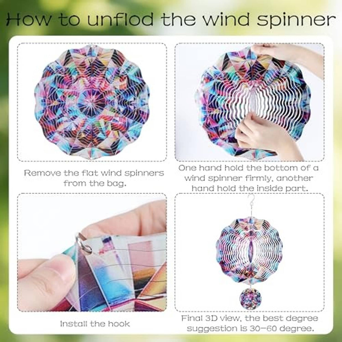 Rainbow wind spinner pinwheel with hanging mini disc, shown as it unfolds