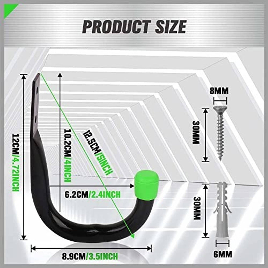 Black U-shaped garage utility hook with green rubber tip, shown with size measurements