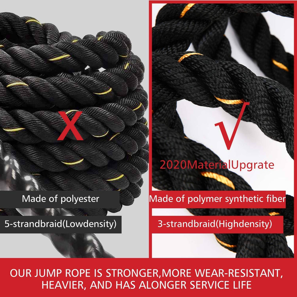 Close-up of braided black weighted jump rope with orange threads and thick cable.