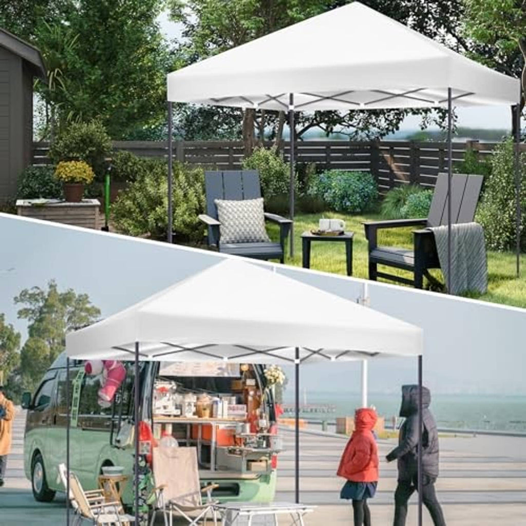 White canopy top cover extended for shade over outdoor dining setup