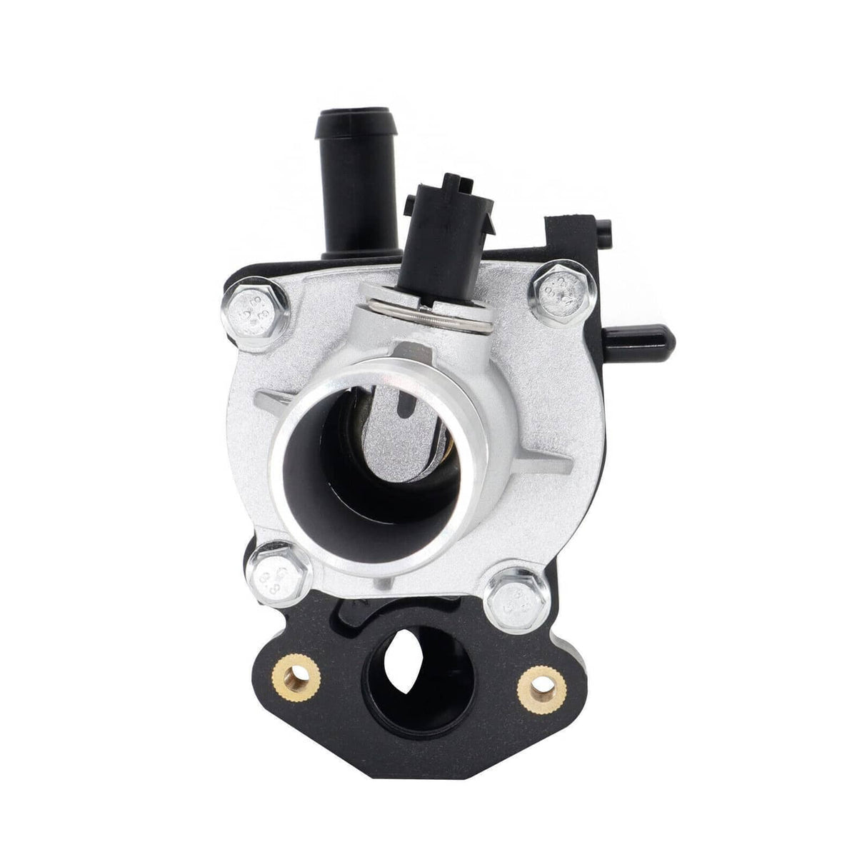 Thermostat water outlet assembly with circular inlet, silver body and black sensor cap