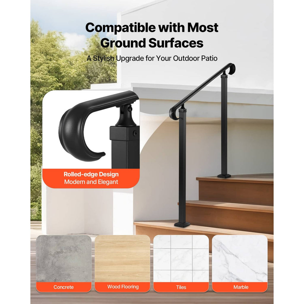 Outdoor stair handrail with rolled-edge black top rail and two posts for patio stairs