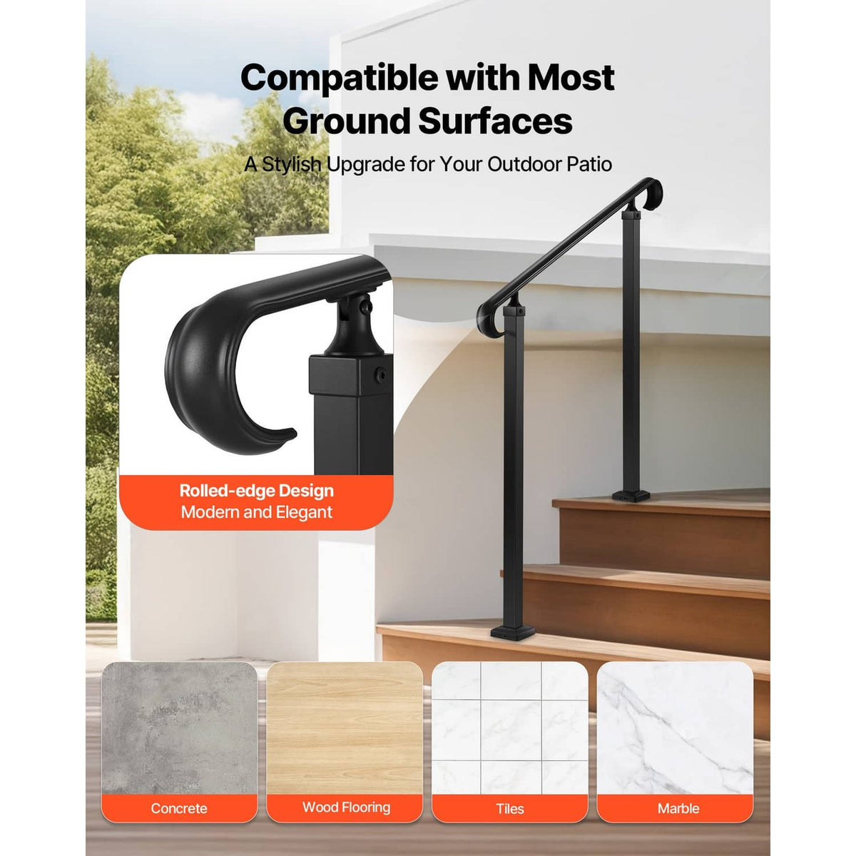 Outdoor stair handrail with rolled-edge black top rail and two posts for patio stairs