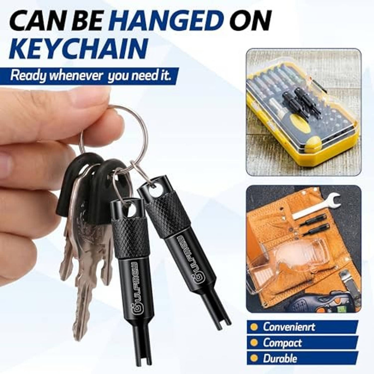 Keychain valve core remover tools with black textured handles and metal tips
