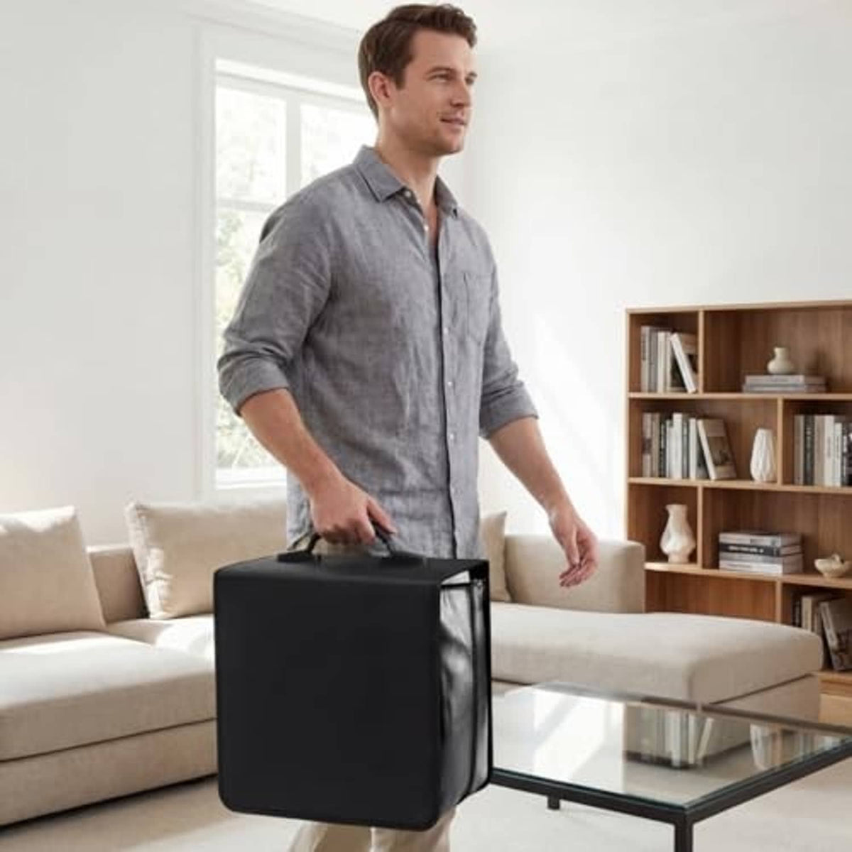 Black CD/DVD binder storage case with top handle and zipper, carried by person