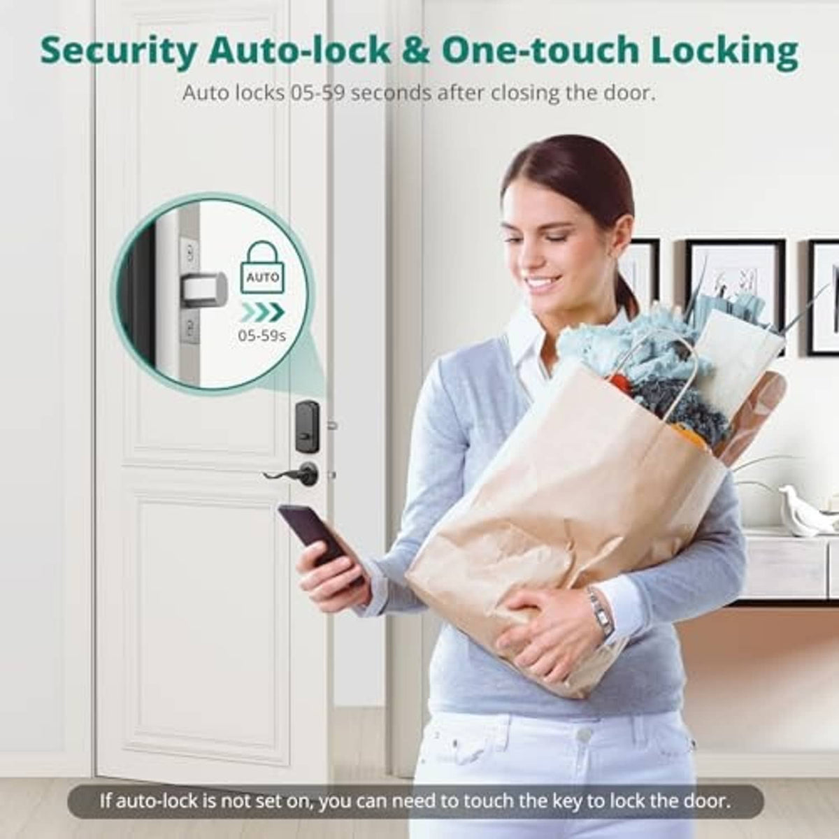 Matte black keypad door lock near door handle with auto-lock touch area shown