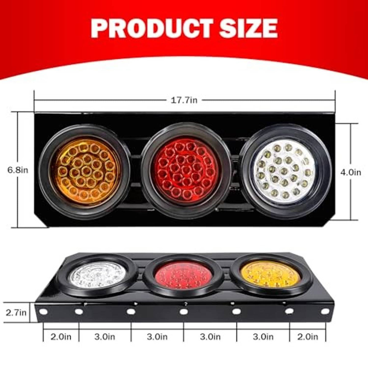 LED trailer tail light bar with three round lenses and product size diagram