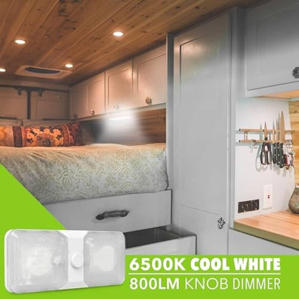 Double dome LED ceiling light fixture with white frame and frosted lenses, installed on ceiling