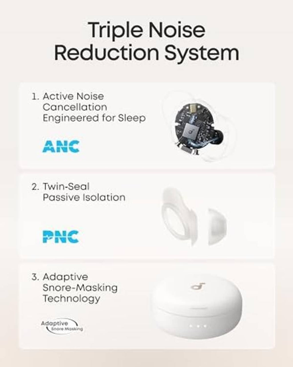 White sleep earbuds illustration with charging case for noise reduction