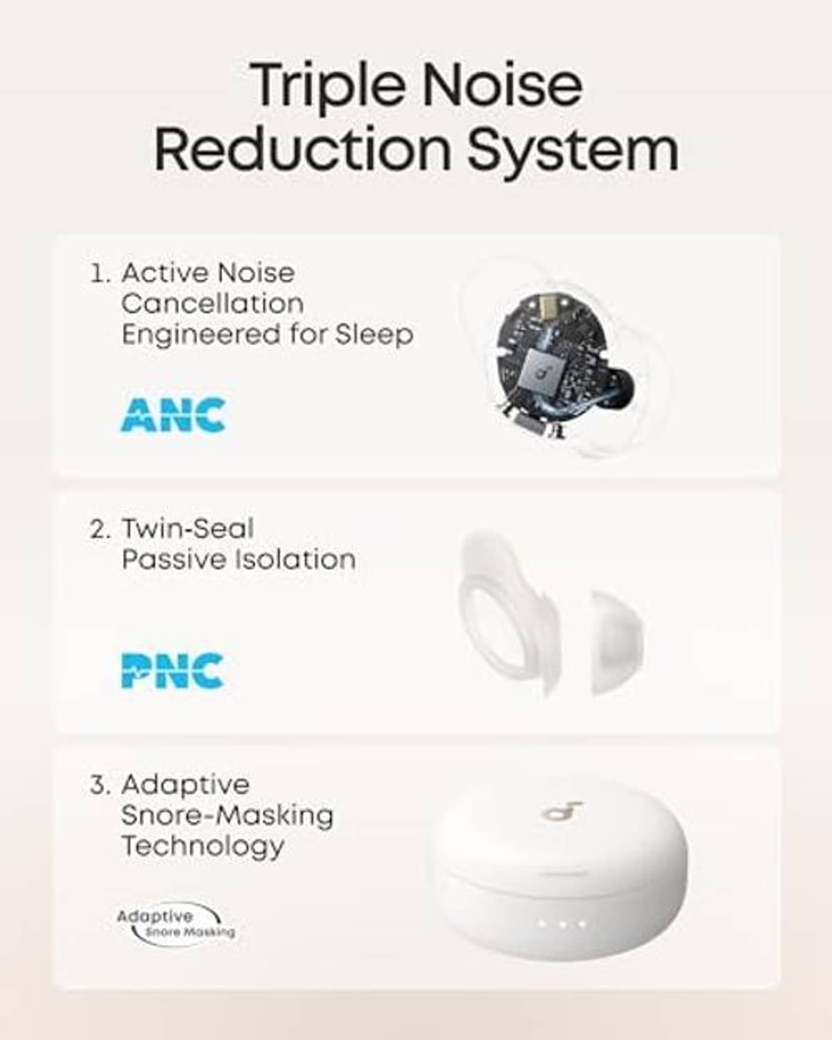 White sleep earbuds illustration with charging case for noise reduction