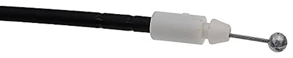 Hood release cable end: black sheath with gray connector and metal ball tip