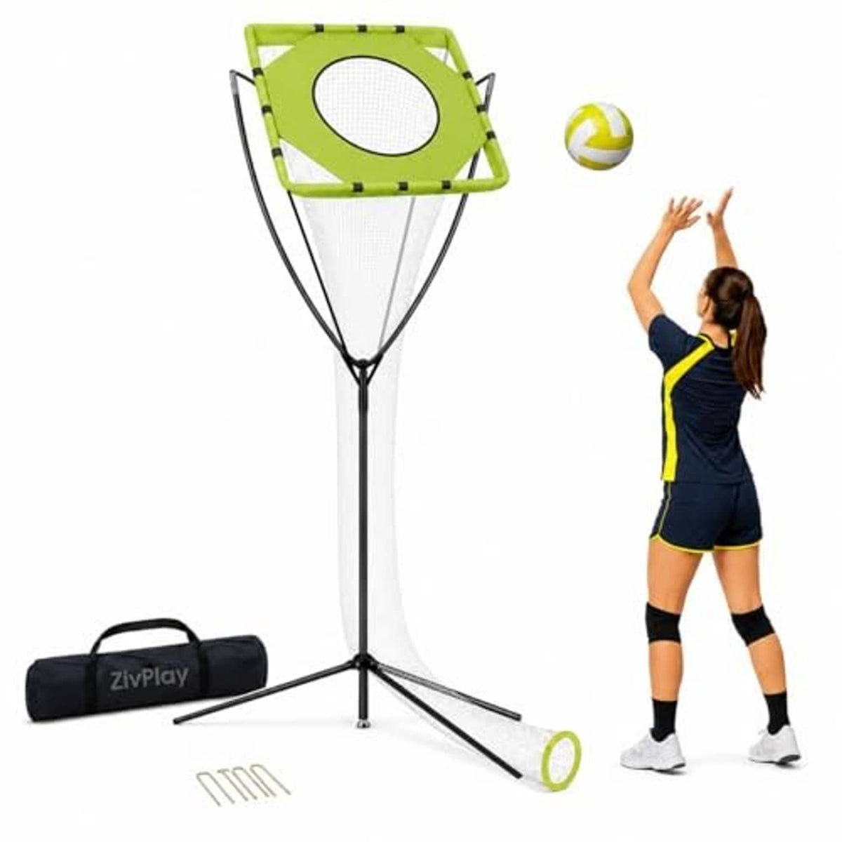 Volleyball setter training net with lime target hoop, tripod stand, and carry bag