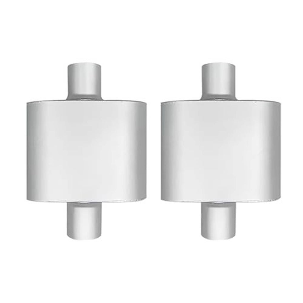 2-pack aluminized steel mufflers, cylindrical canister with end outlet pipe, front view