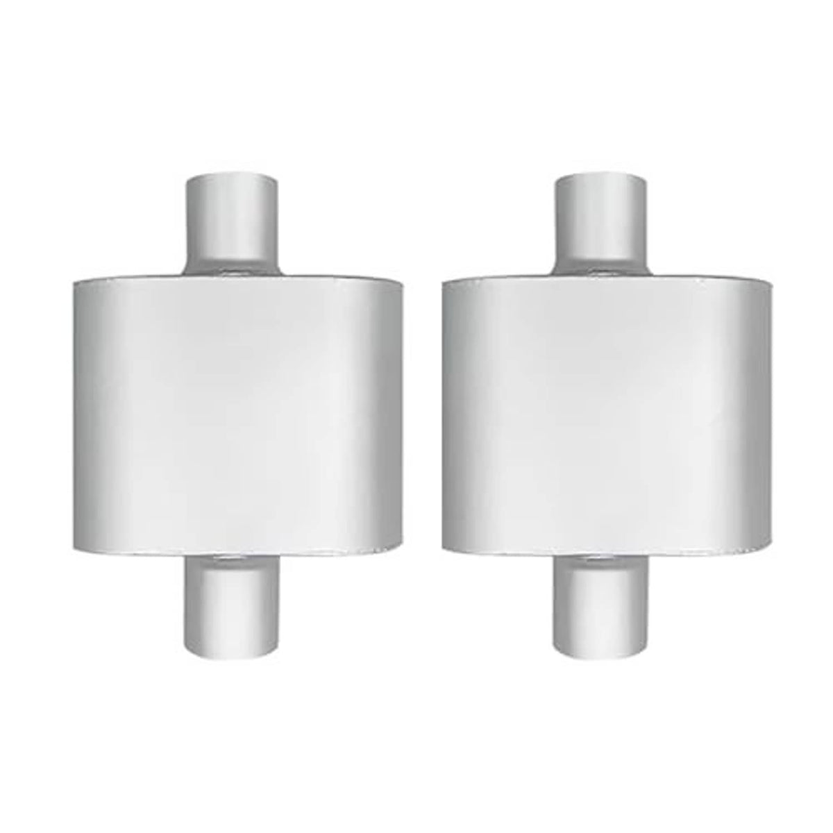 2-pack aluminized steel mufflers, cylindrical canister with end outlet pipe, front view