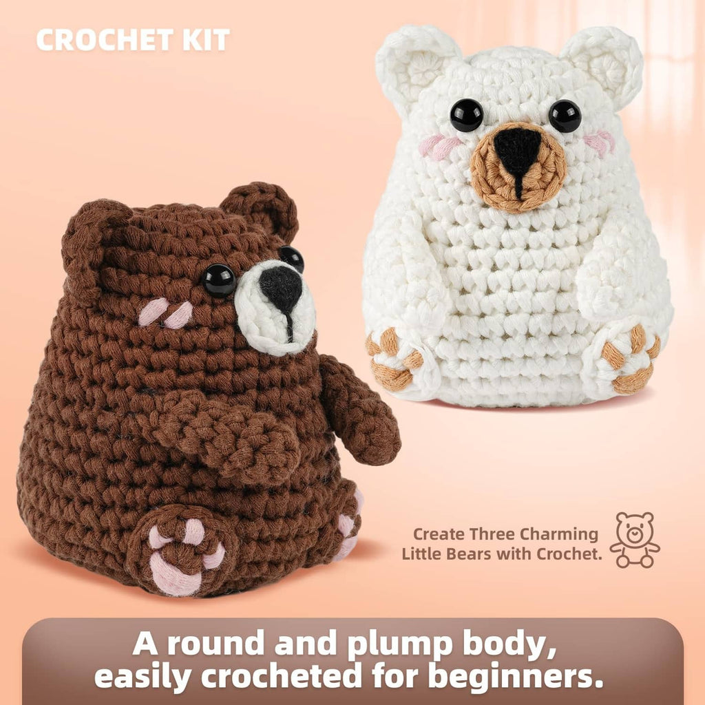 Crochet bear plush kit featuring brown and white bear dolls with yarn balls