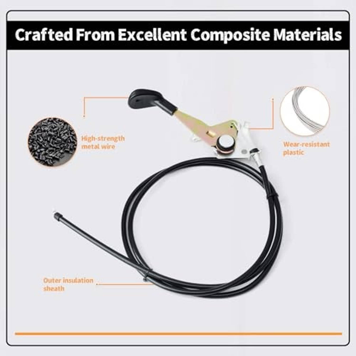 Throttle control cable with pale lever, black outer sheath, and metal wear parts