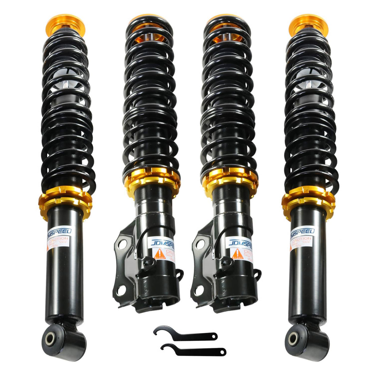Adjustable coilover suspension struts with black springs and gold threaded collars