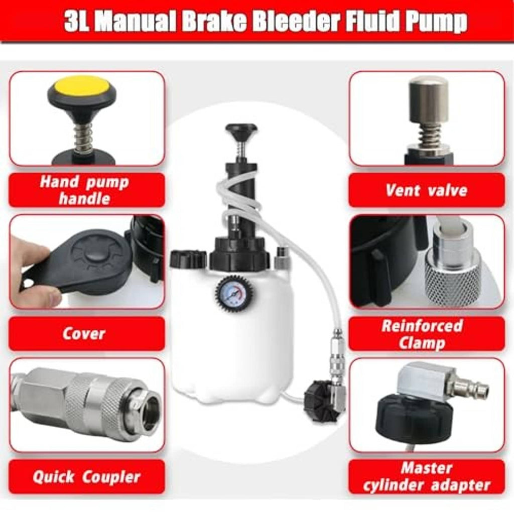3L manual brake bleeder fluid pump with hand pump handle, vent valve, and quick coupler