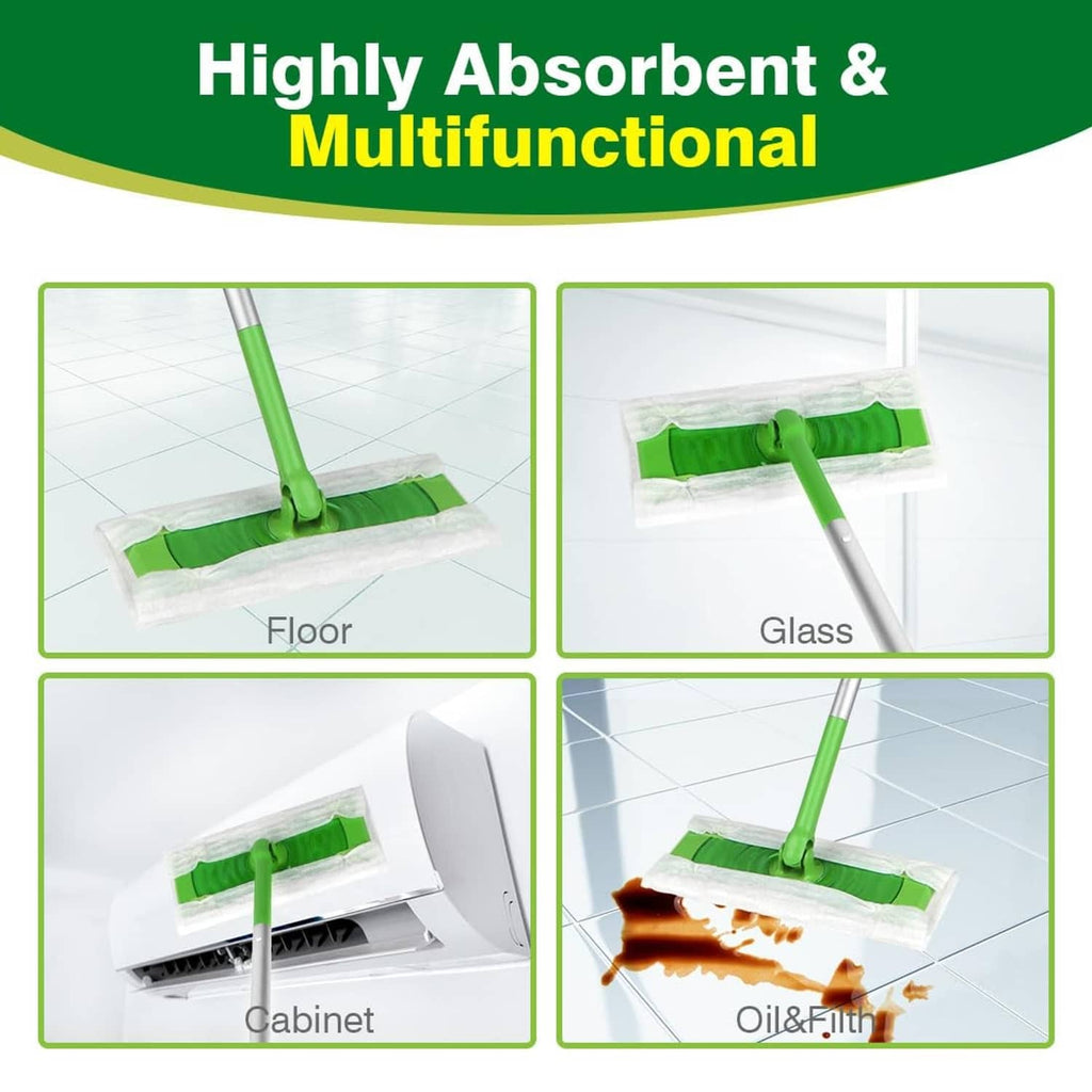White dry sweeping cloth pad on green flat mop head